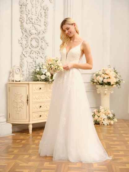 A-line applique sequin princess thin shoulder strap sleeveless long wedding dress