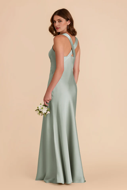 A-line skirt with crossed back and deep V-shaped matte satin bridesmaid dress