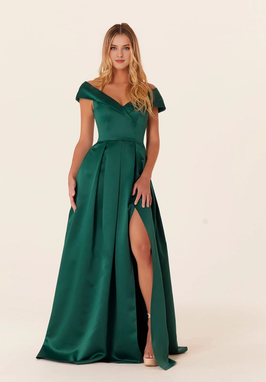 A-line off shoulder collar short sleeved satin front skirt with slit bridesmaid dress