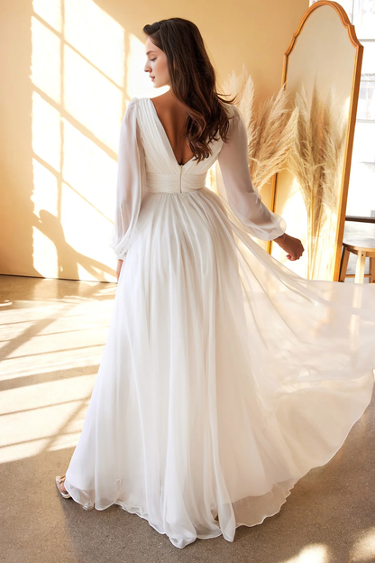 Off white long sleeved chiffon wedding dress