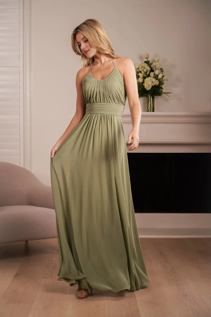 Polyester Chiffon A-line Folded Round Neck Back Strap Bridesmaid Dress