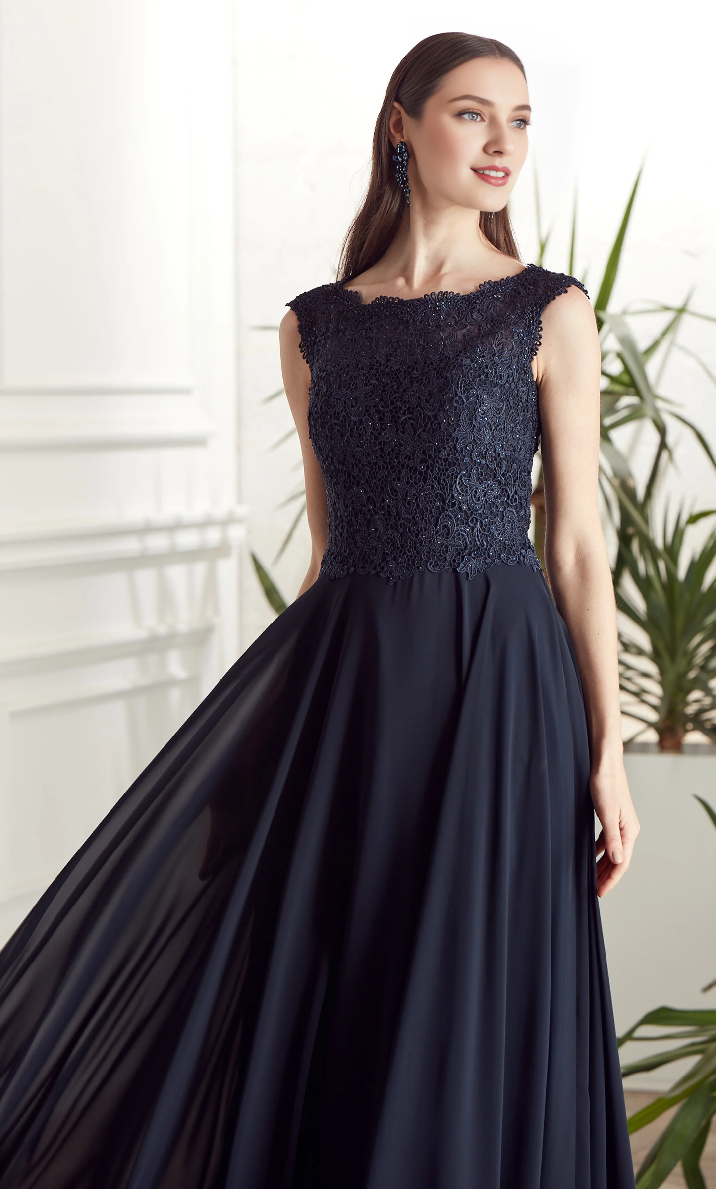 Phantom collar chiffon lace flowing long formal dress for mothers of the bride dresses