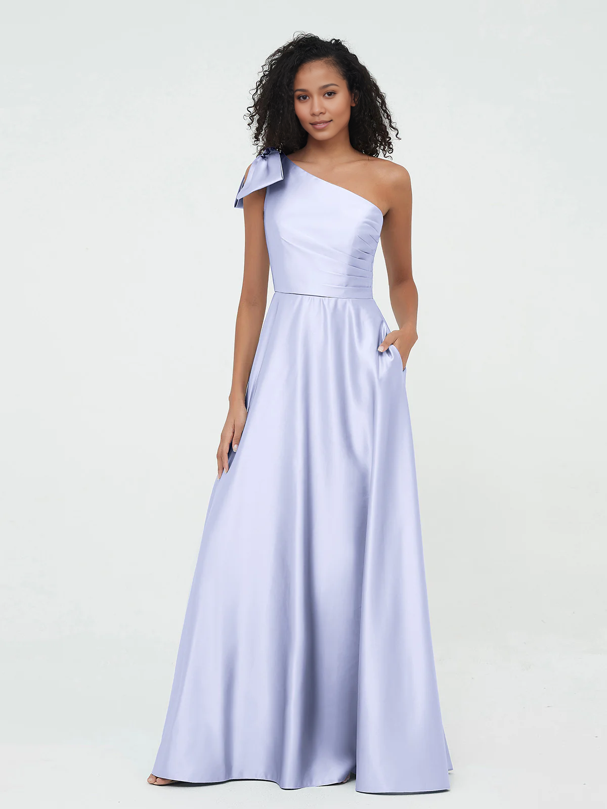 Pocket one shoulder long satin bridesmaid dress