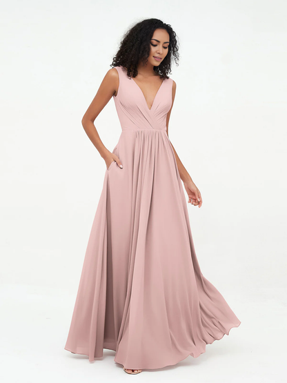 V-neck chiffon long pocket dress