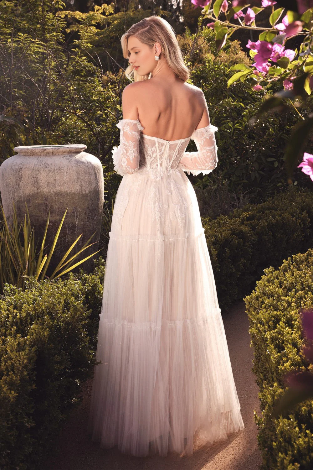 White embroidered long strapless wedding dress