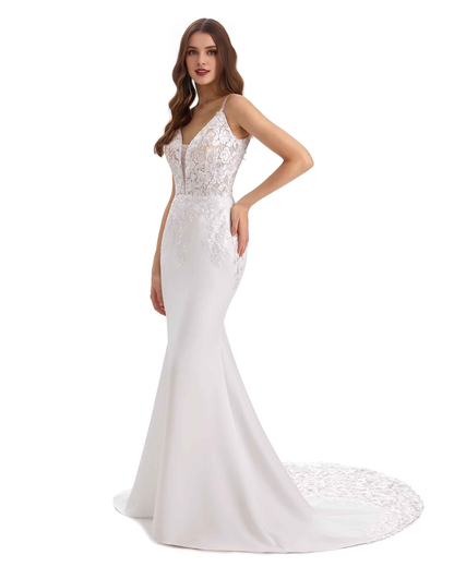 Sexy mermaid slim shoulder strap V-neck ultra long lace wedding dress