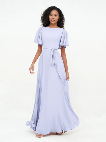 Bow fluttering sleeves chiffon bridesmaid dress