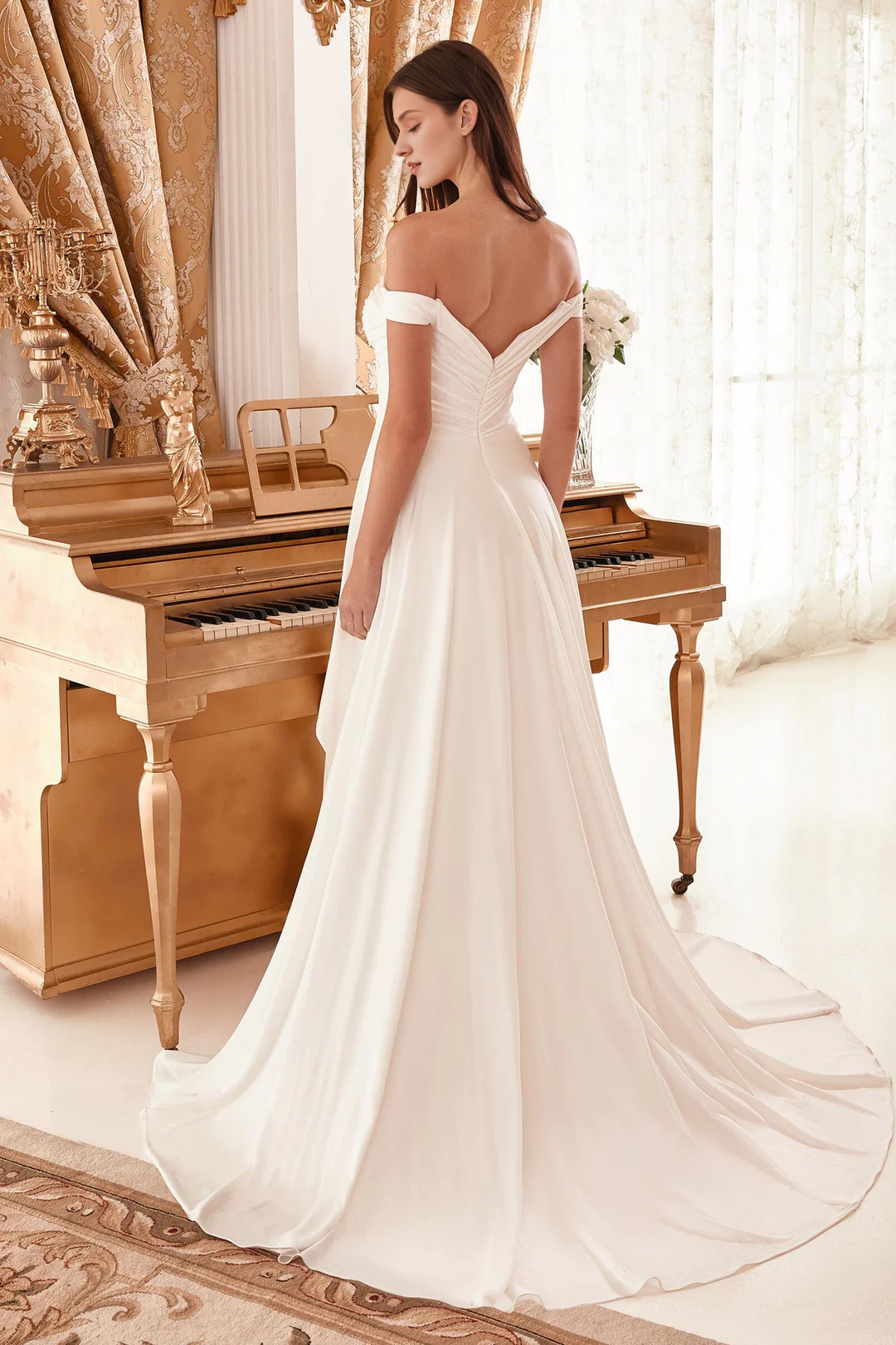 Pleated long off shoulder wedding dress