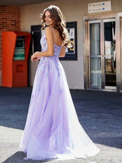 A-line decal top sheer slit Prom dress