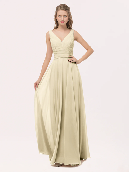 V-neck bow chiffon long bridesmaid dress