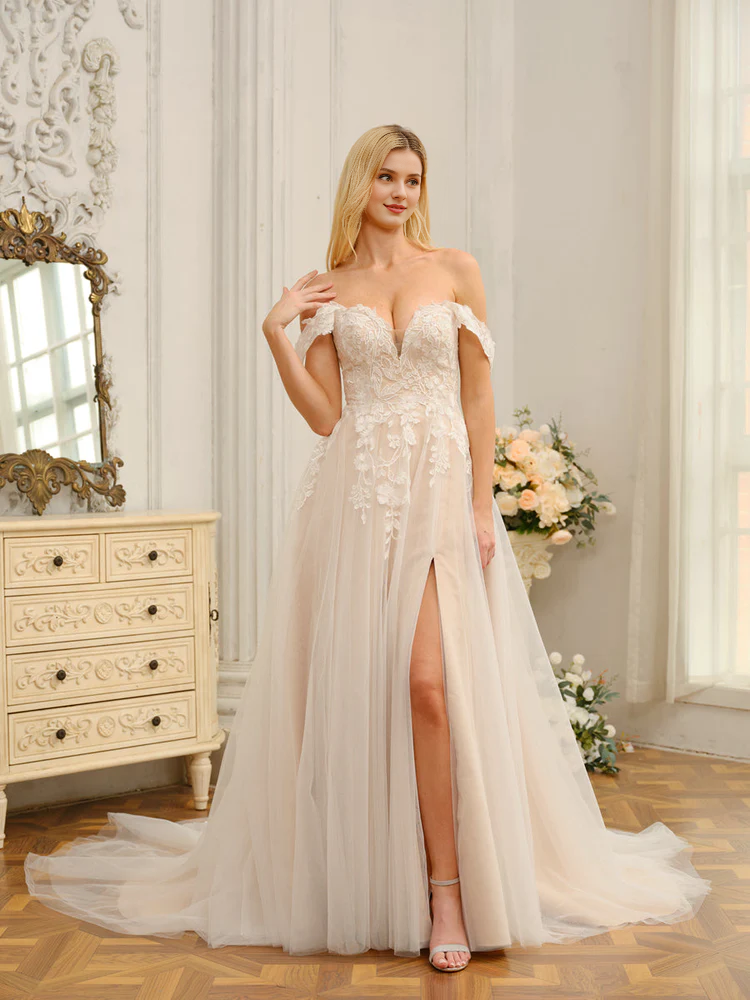 V-neck sleeveless applique and beaded long wedding dress