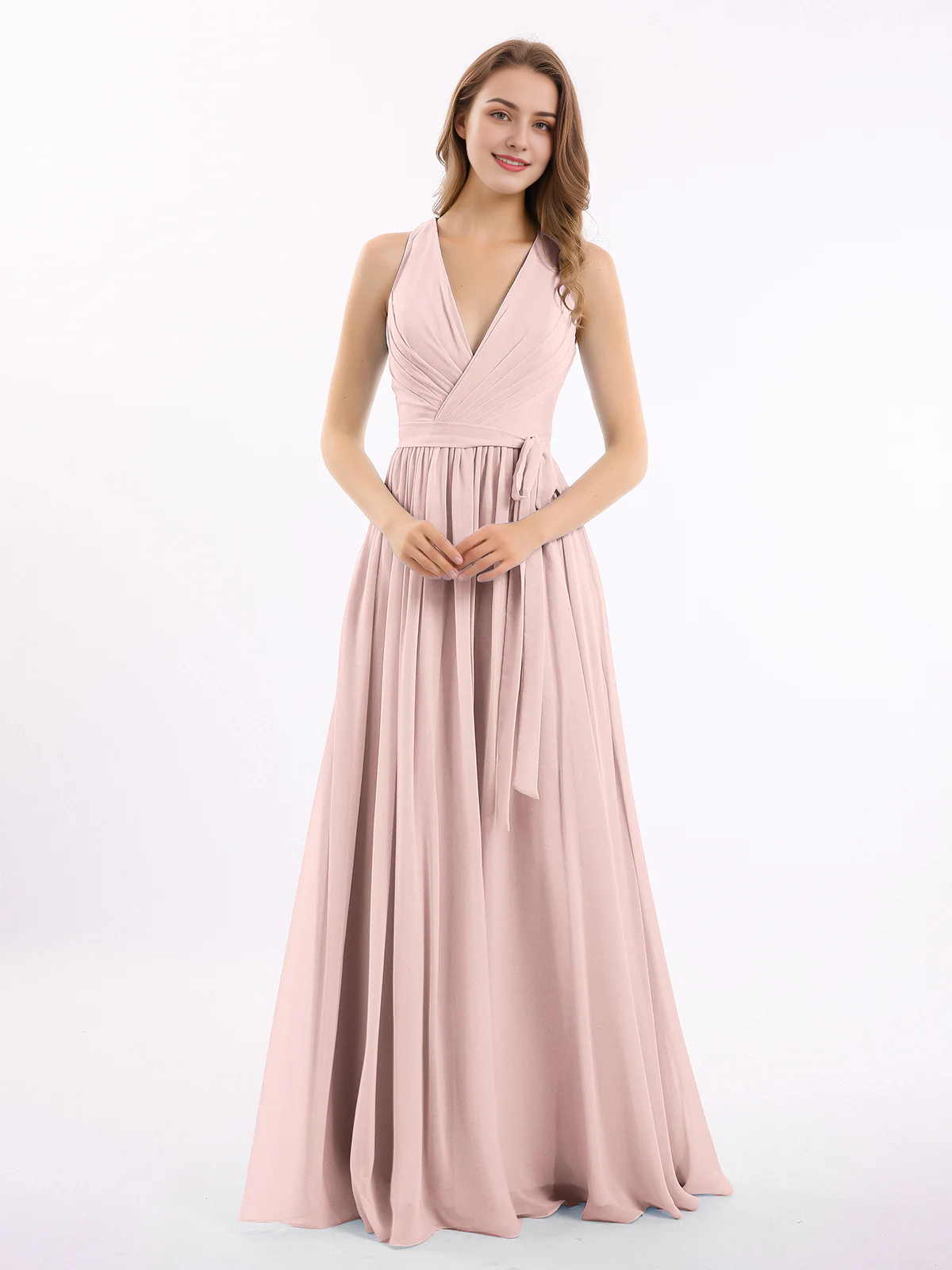 Deep V-neck belt bow chiffon dress