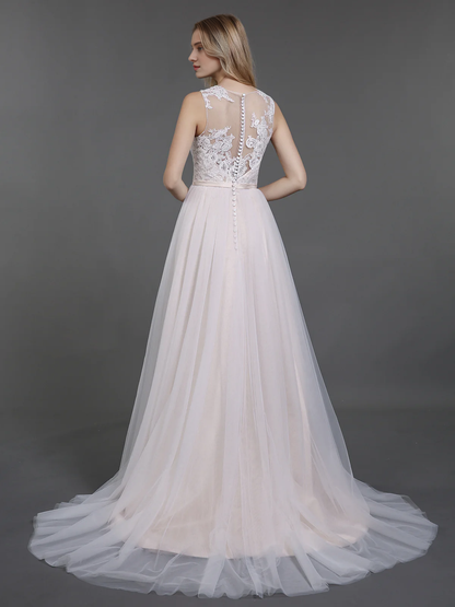 Lace chiffon buttoned wedding dress