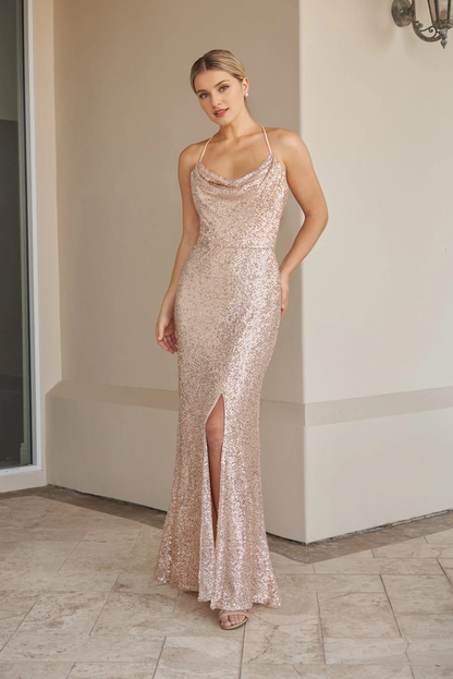 A-line thin shoulder strap scarf sequined neckline keyhole style backless bridesmaid dress