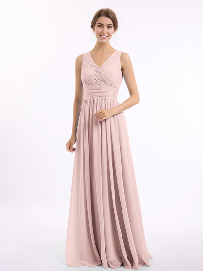 V-neck and floor chiffon dress