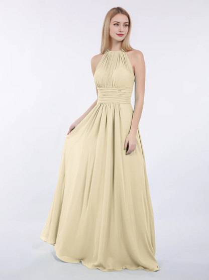 Hanging neck chiffon extra long bridesmaid dress