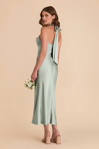 Rear tie neck matte satin and ankle length bridesmaid dress