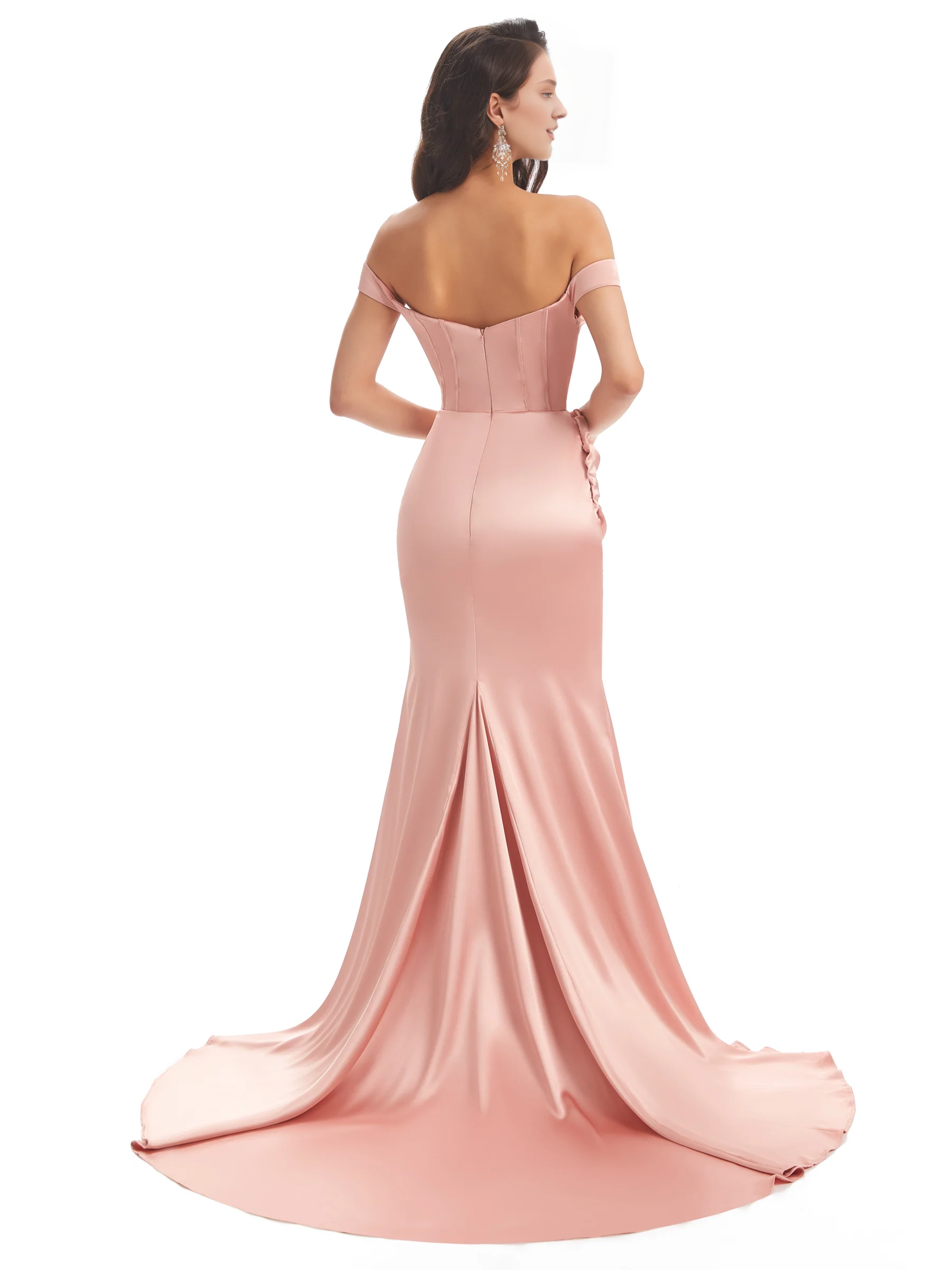 Unique side slit soft satin off shoulder long fish tail bridesmaid dress