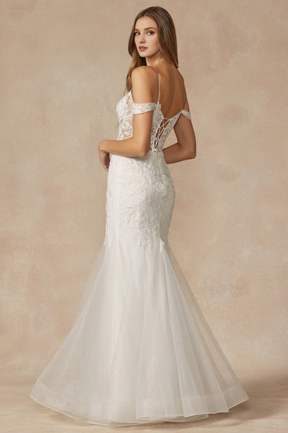 Embroidered long white off shoulder wedding dress