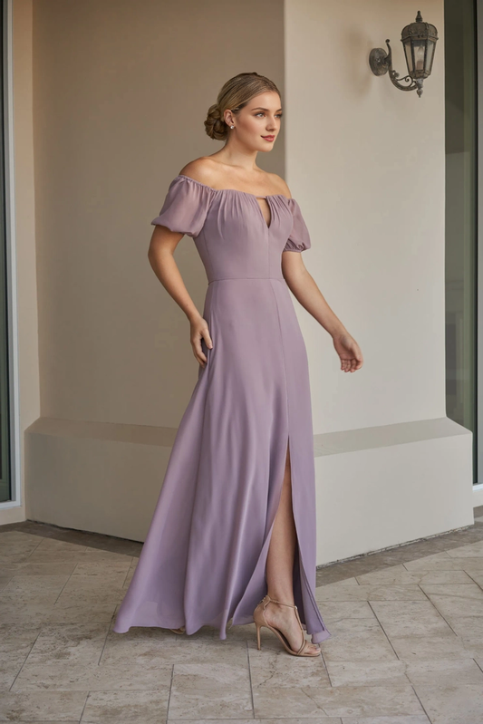 A-line thin shoulder strap off shoulder collar short bubble sleeves central slit bridesmaid dress