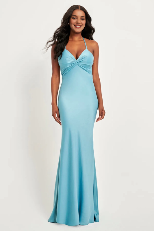 Thin shoulder strap V-neck satin backless and floor length dress