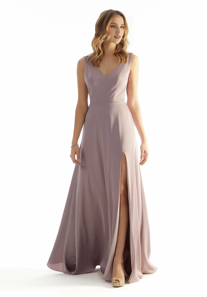 Thin shoulder strap V-neck exposed back butterfly knot satin and floor length dress