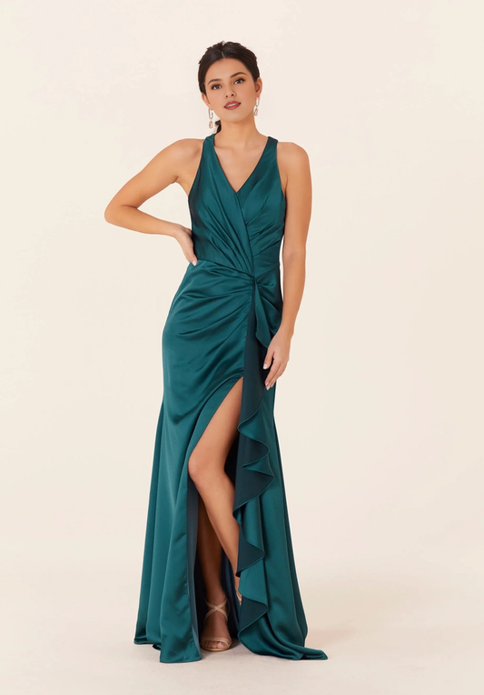 A-line V-neck satin sloping corset back zipper bridesmaid dress