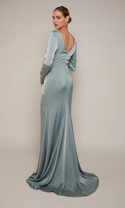 Satin V-neck straight tube front slit formal long mothers of the bride dresses