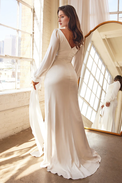 Long drawstring sleeve white satin wedding dress