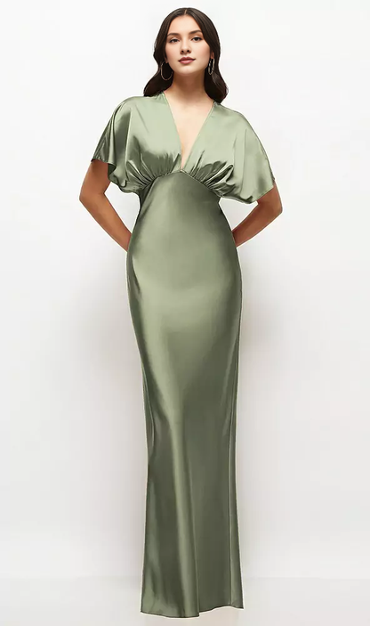 Deep V-neck kimono sleeves twill satin long bridesmaid dress