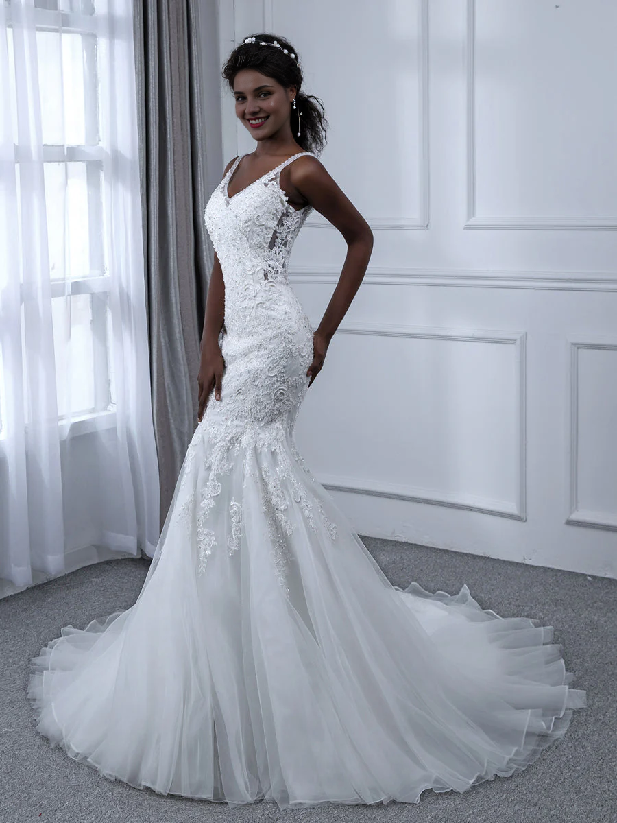 V-neck sleeveless beaded applique sequin sheer fishtail wedding dress