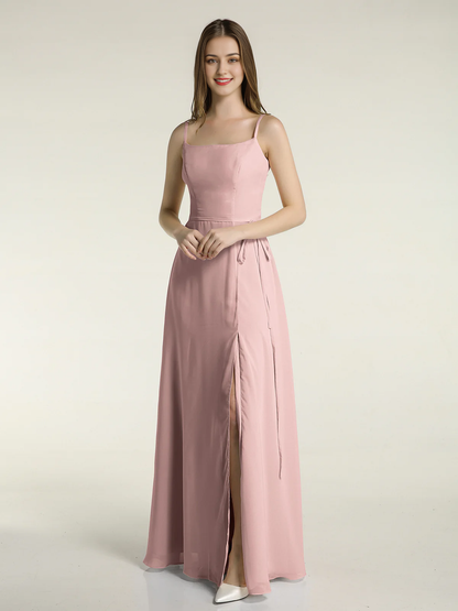 Simple slim shoulder strap slit chiffon dress