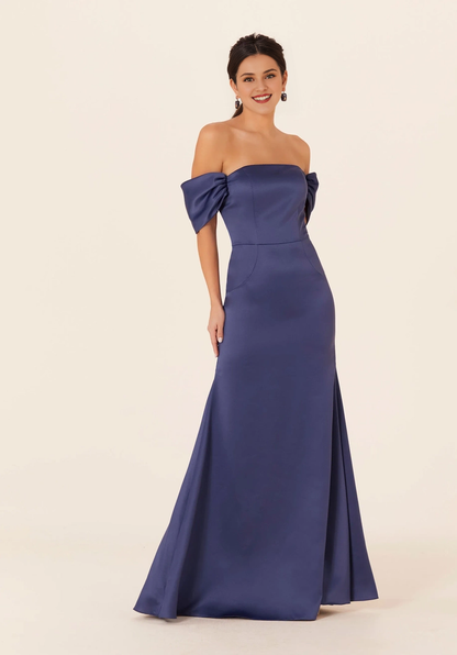 Satin straight neckline off shoulder sleeves trumpet shaped bridesmaid dress