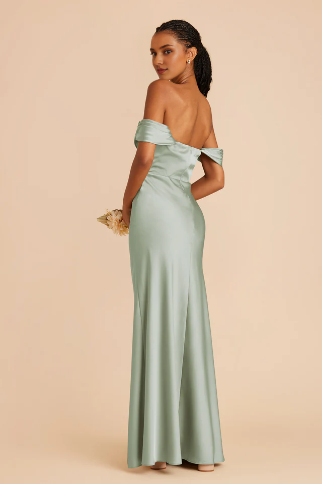 Folded collar off shoulder satin backless and floor length bridesmaid dress