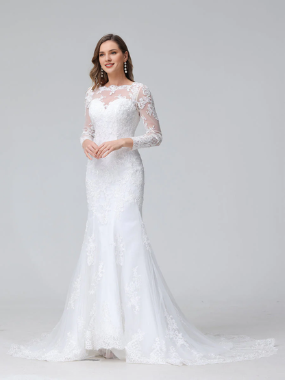 Horn fish tail long sleeved embroidered lace wedding dress