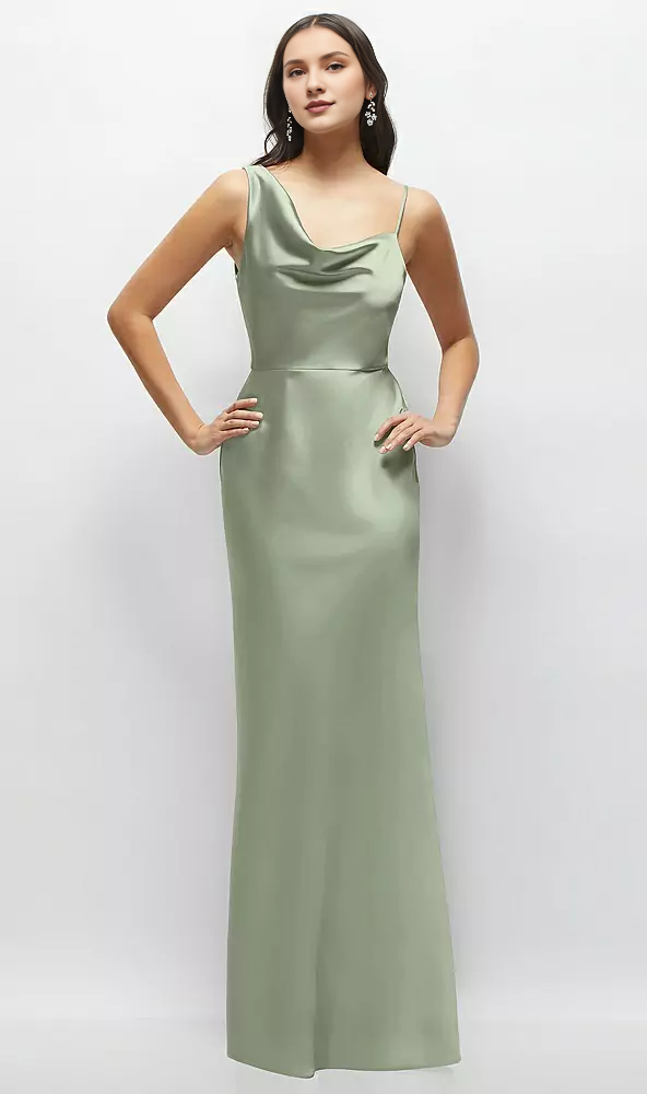 One shoulder hanging hood A-line satin ultra long bridesmaid dress