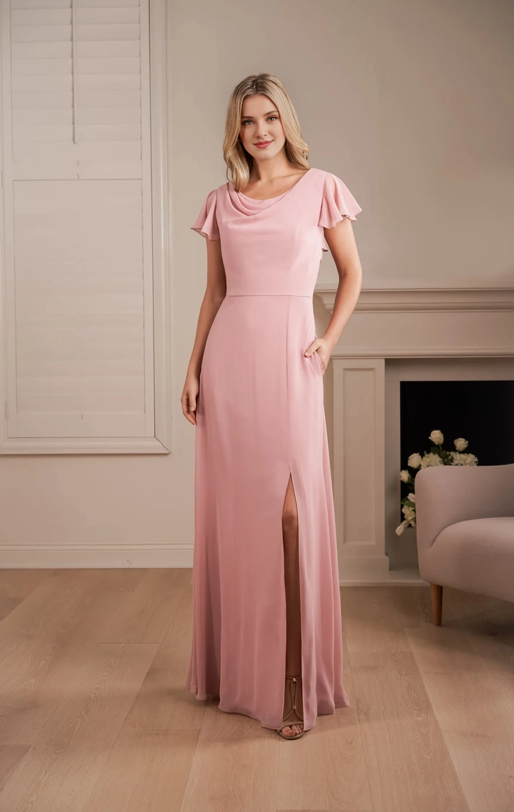 Polyester chiffon A-line hanging boat collar front slit bridesmaid dress