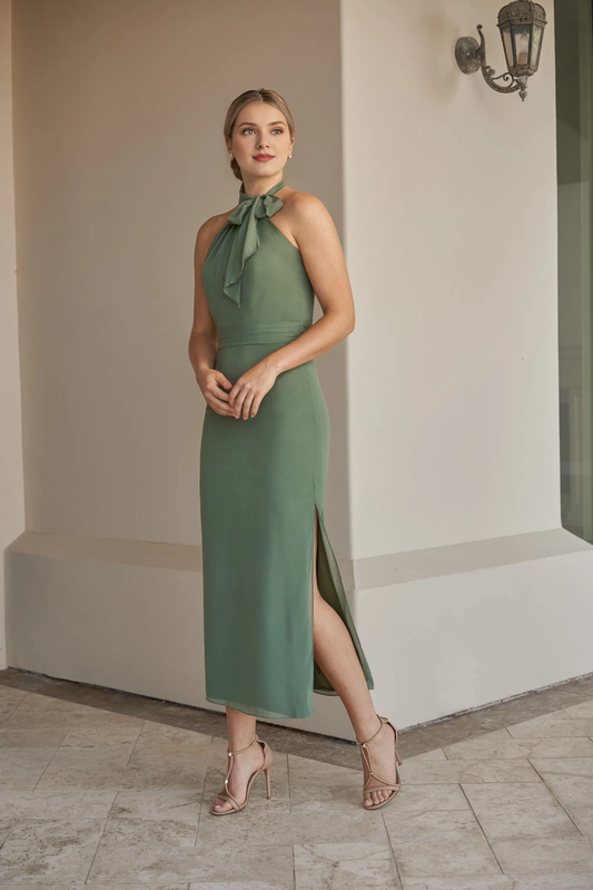 Hanging neck collar bow chiffon side slit medium length bridesmaid dress