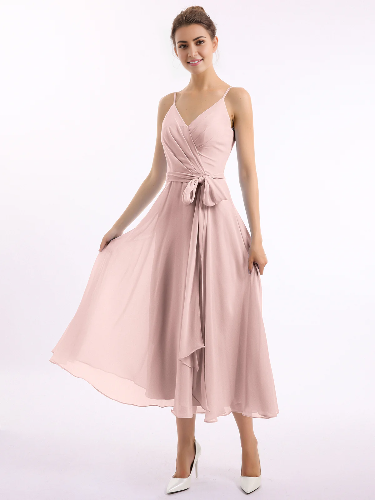 Belt bow thin shoulder strap long dress