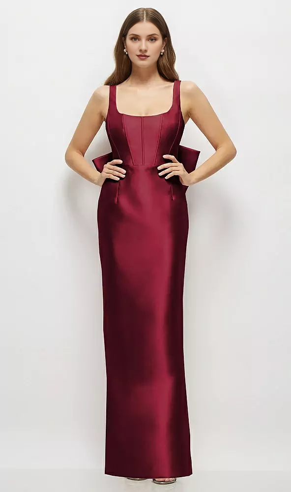 Bow low round neck tight corset satin and floor length bridesmaid dress