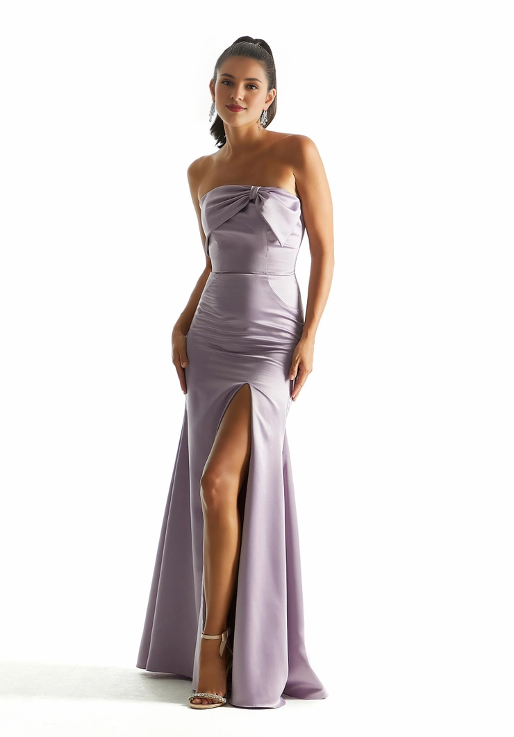 A-line off shoulder collar bow front skirt with slit bridesmaid dress