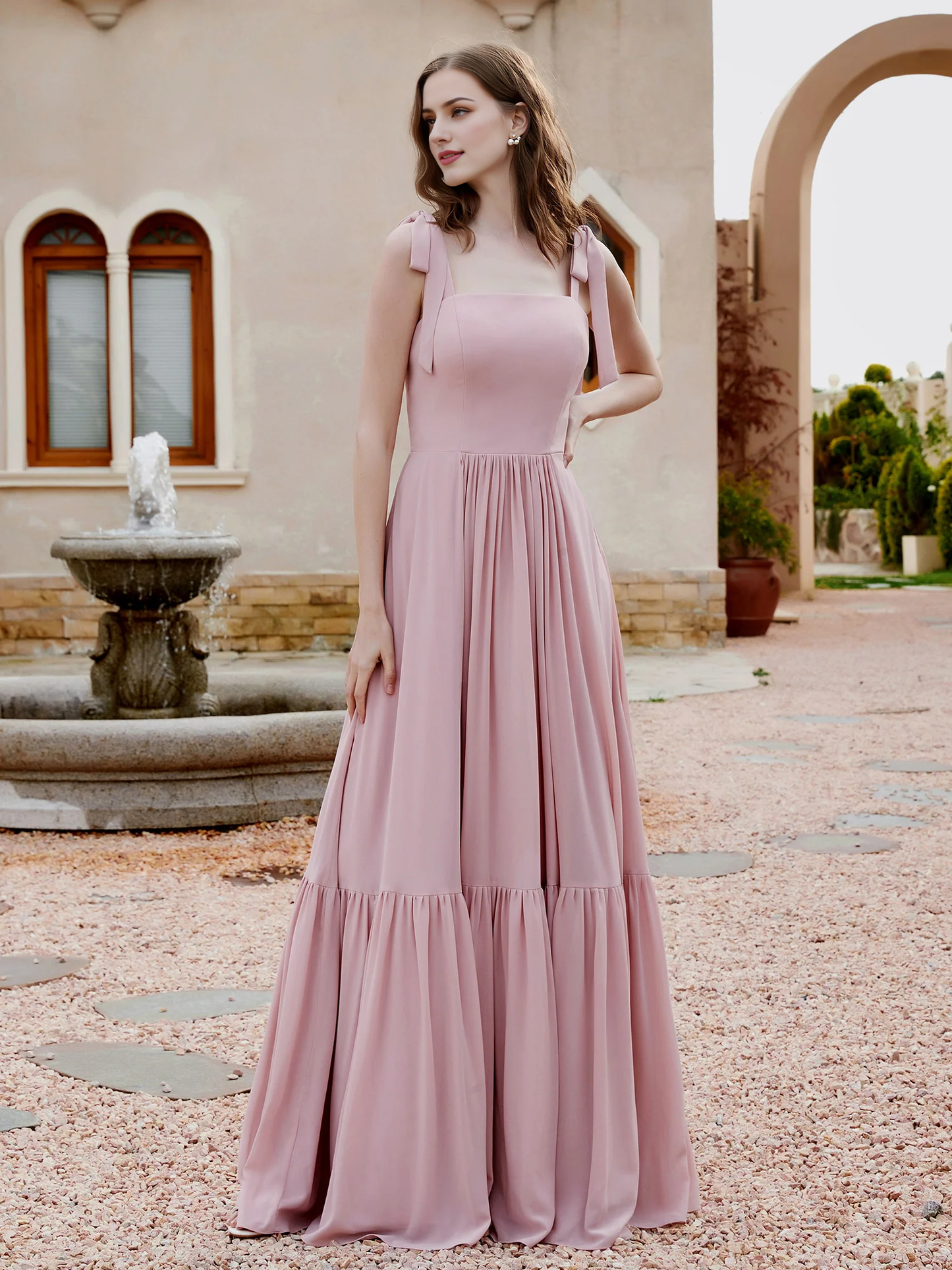 A-line butterfly bow ruffle sleeveless chiffon bridesmaid dress