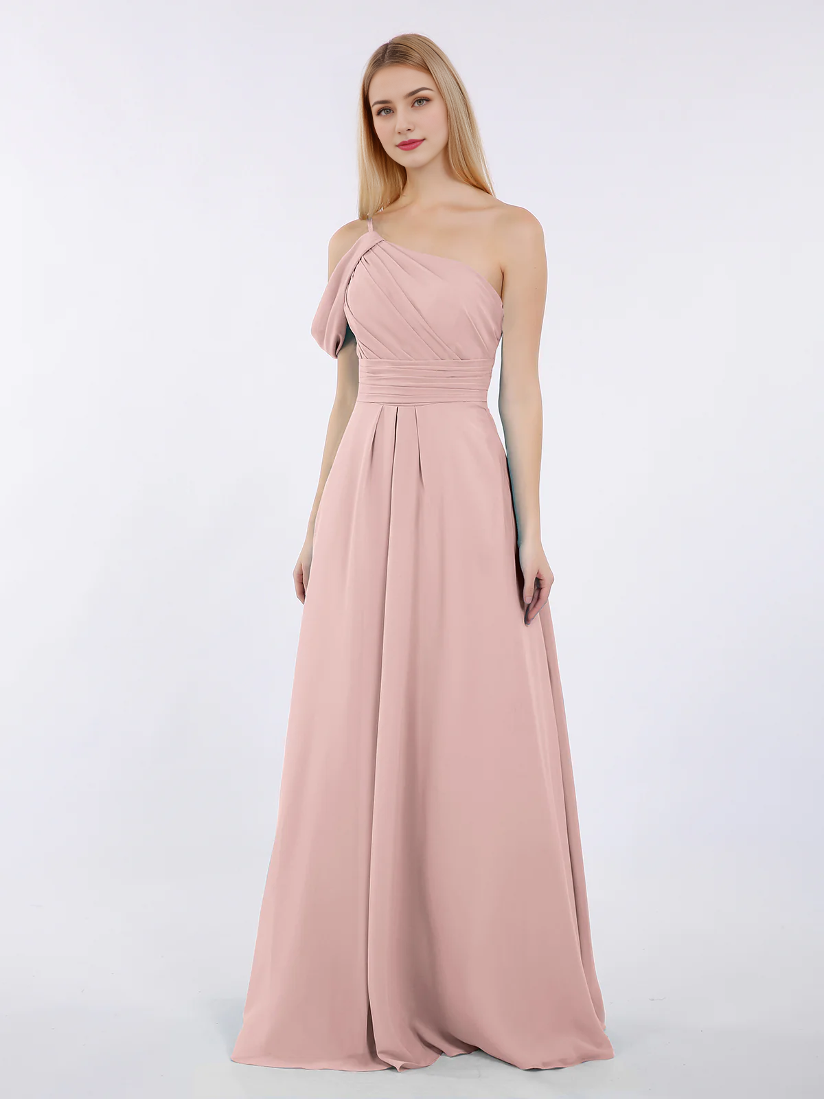 One shoulder chiffon long bridesmaid dress