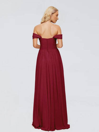 Off shoulder chiffon and floor length bridesmaid dress