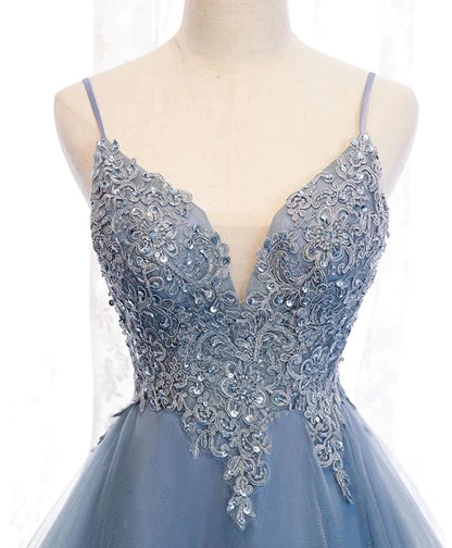 Blue High Low Tulle V-neckline Straps Party Dress with Lace, Cute Homecoming Dress