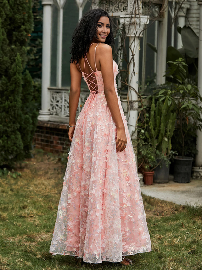 Thin shoulder strap tied floral decal Prom dress