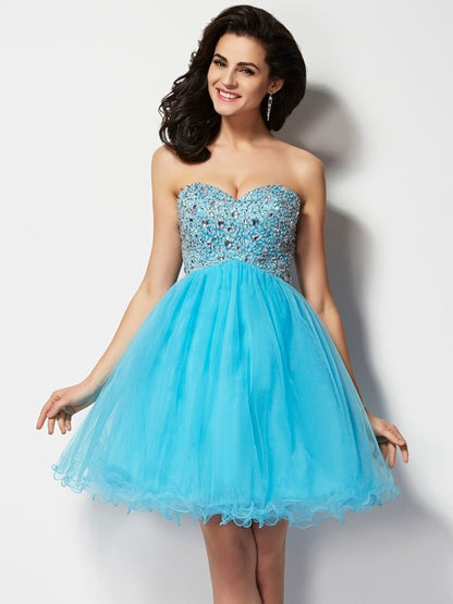 A-Line/Princess Sweetheart Sleeveless Short Beading Tulle Homecoming Dresses