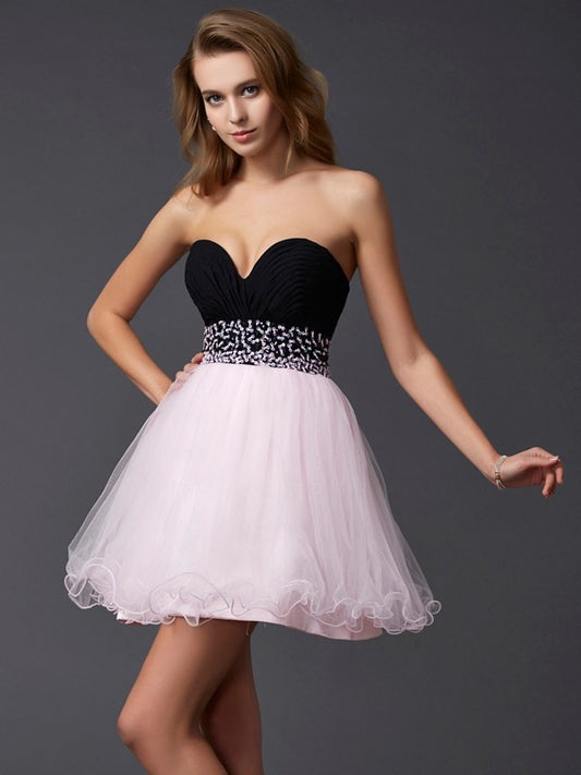 A-Line/Princess Beading Sweetheart Sleeveless Short  Woven Satin Homecoming Dresses