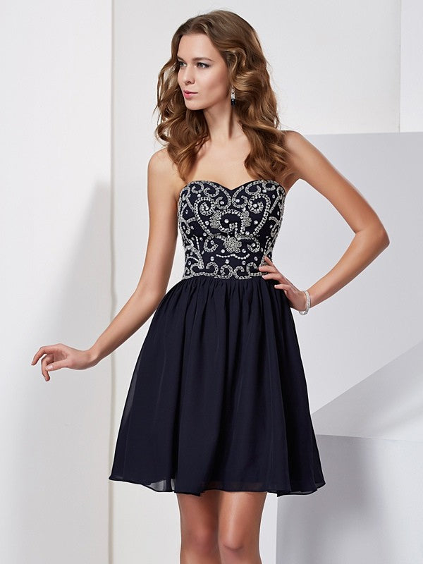 A-Line/Princess Sweetheart Beading Sleeveless Chiffon Short Homecoming Dresses