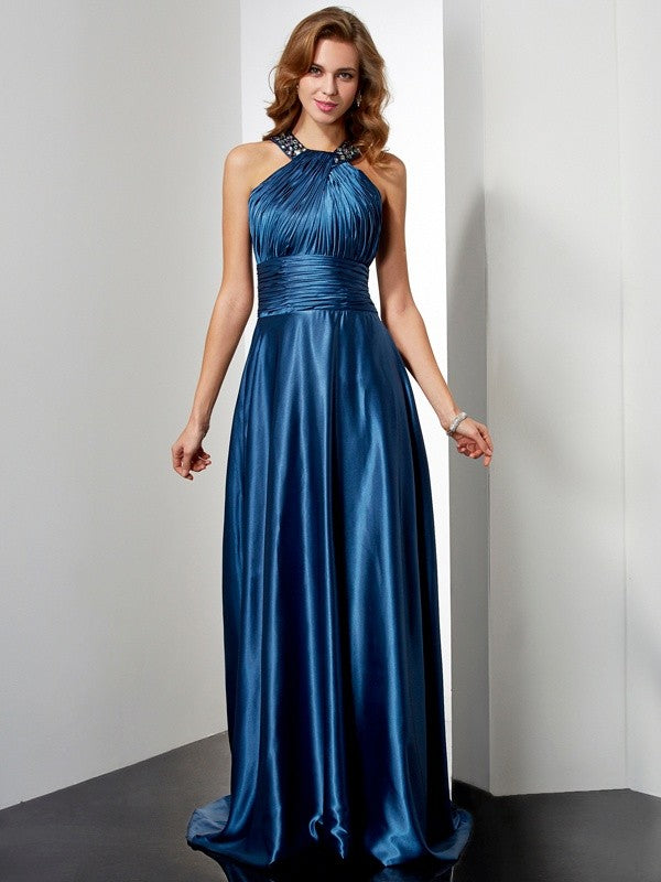 A-Line/Princess Halter Sleeveless Ruffles Long Elastic Woven Satin Dresses